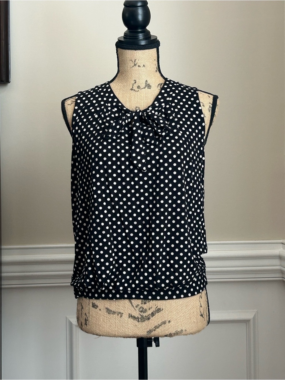Talbots Black and White Polka Dot Tie-Neck Sleeveless Top